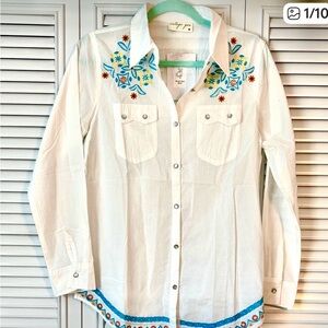 Vintage Goa Women’s White Embroidered Western Button Down Shirt NWT Medium